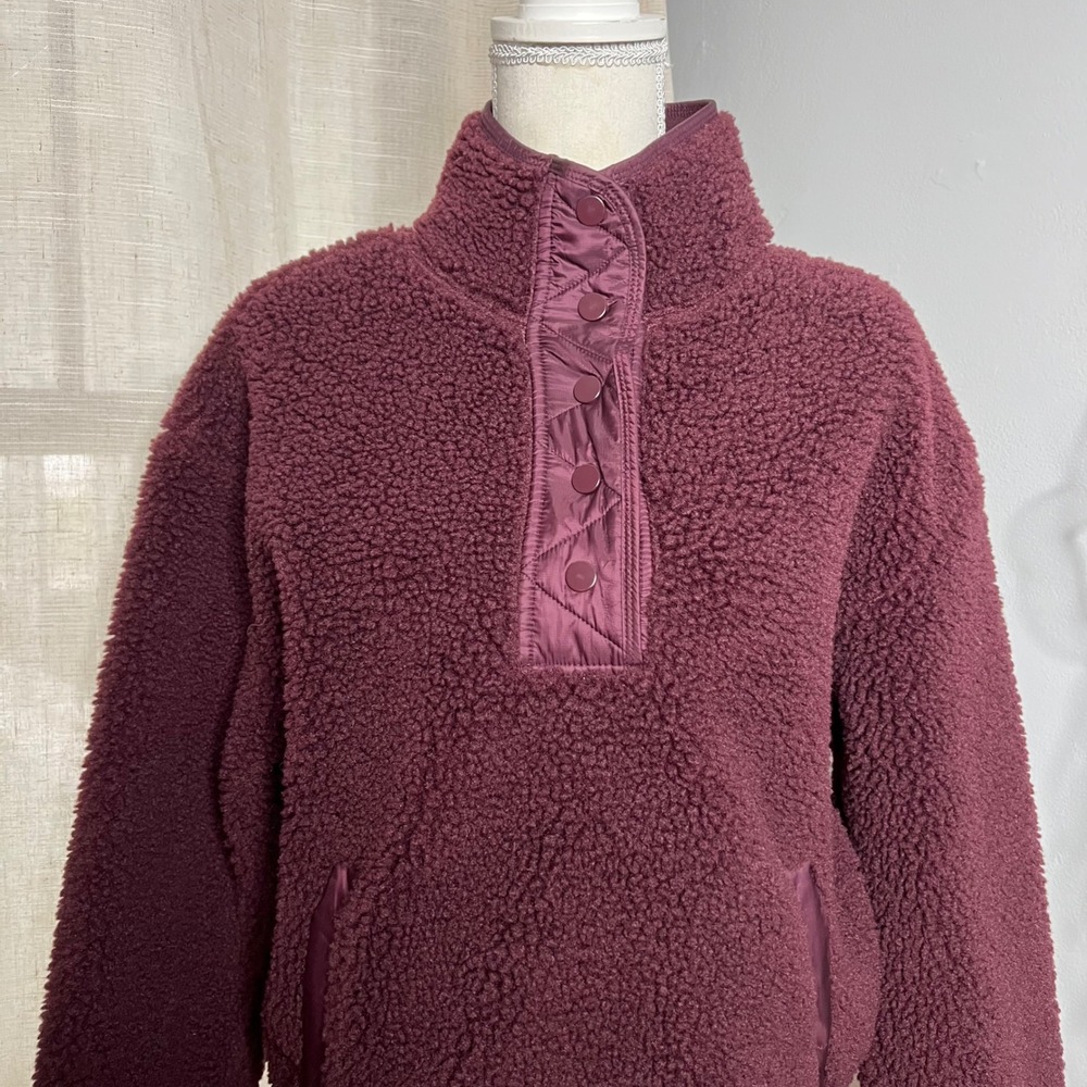 Athleta Cozy Sherpa Snap‎ Sweatshirt Oversized 466888 Maroon Women's Size Small - Picture 5 of 11